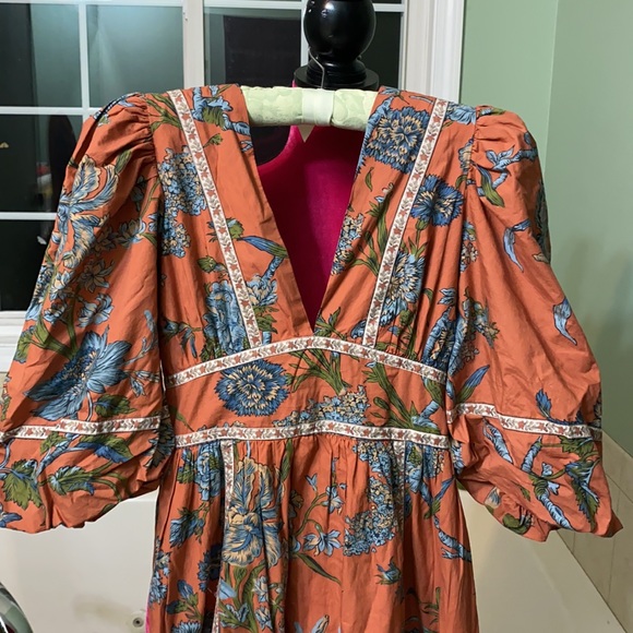 Anthropologie Love the Label Puffed Sleeves Orange Floral Tiered MIDI Dr… - Picture 6 of 13